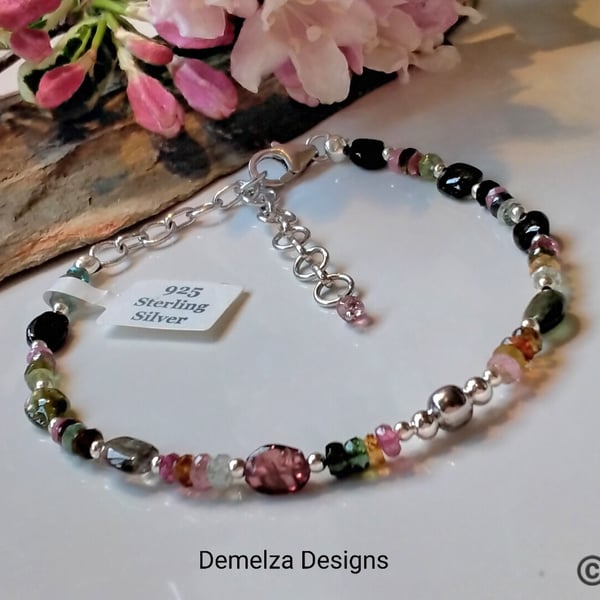 Dainty,  Watermelon Tourmaline Sterling Silver Bracelet ONE OFF