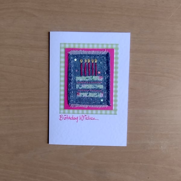 Birthday Cake Card - Hand-Stitched - Fabric Card - Textile Card - Happy Birthday