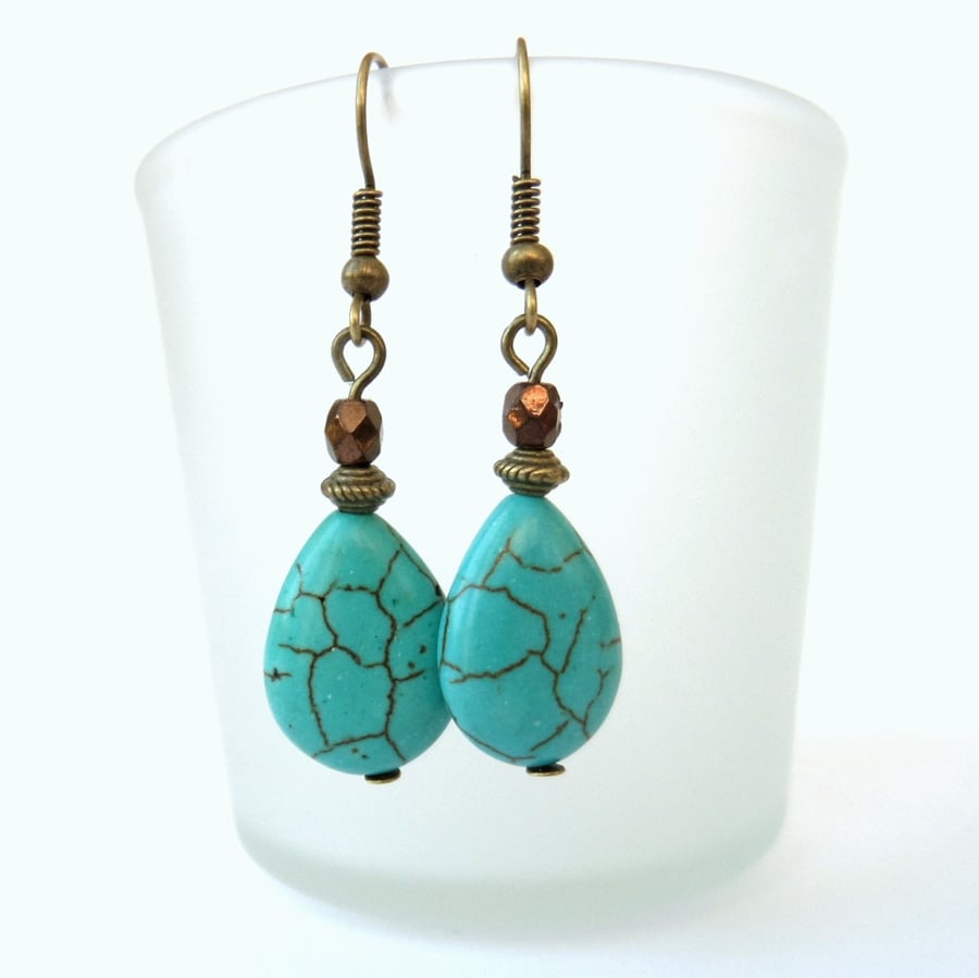 Turquoise teardrop earrings, vintage inspired bronze earrings 