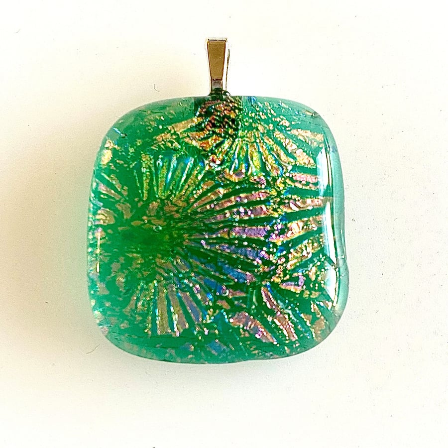Floral Aqua Dichroic Glass Pendant Necklace 
