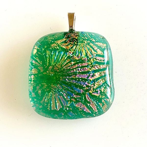 Floral Aqua Dichroic Glass Pendant Necklace 