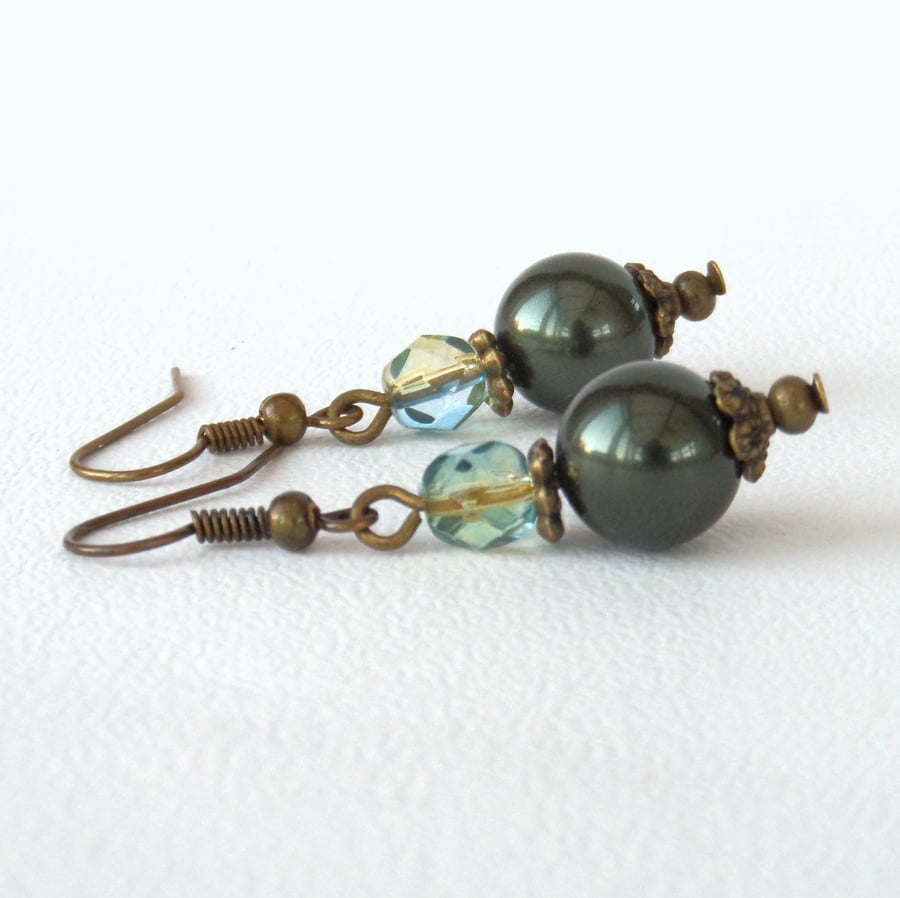 Shell and crystal bronze earrings, vintage style