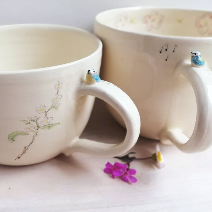 Handmade bluetit cup with tiny bird blossom & foot prints, gardener's gift idea