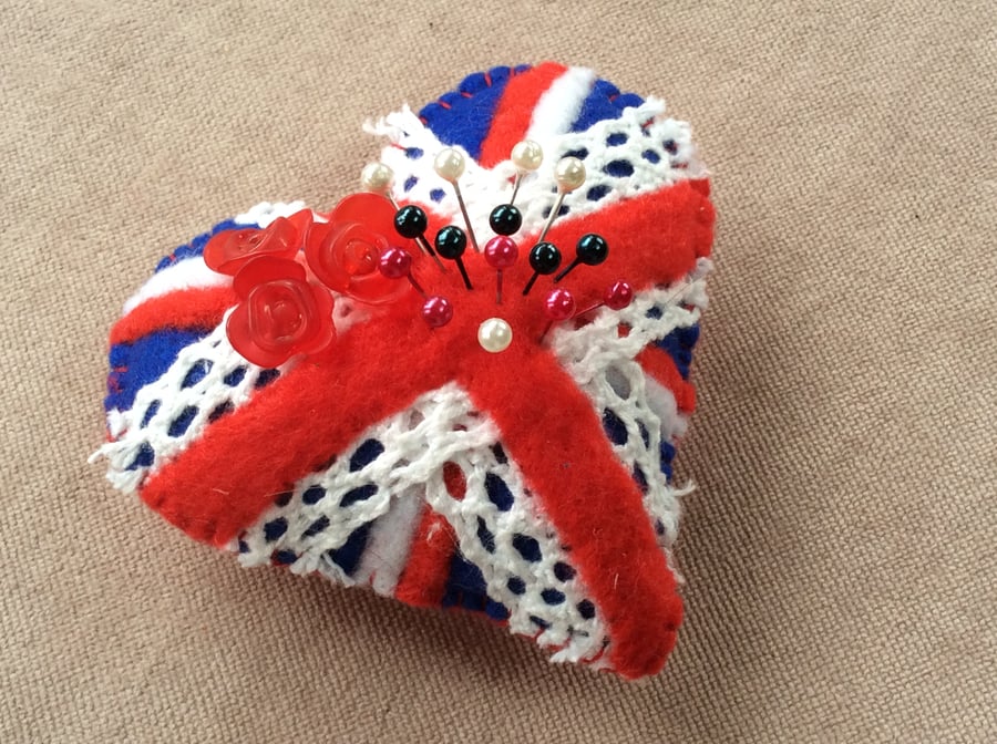 Needle Felt Union Jack Heart Pin Cushion 