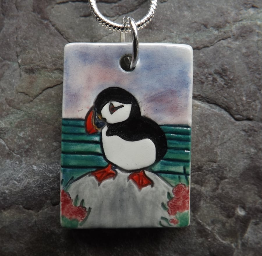 Handmade Ceramic Puffin Pendant in green