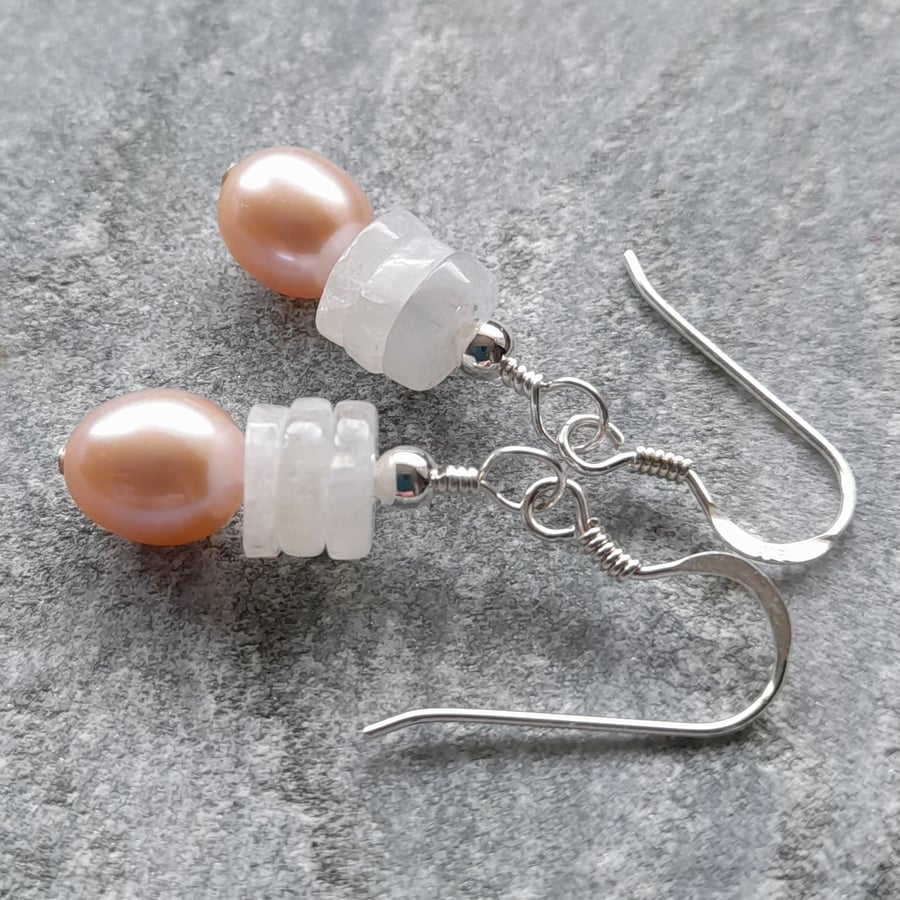 Sterling Silver Pearl and Moonstone Earrings Junes Birthstone