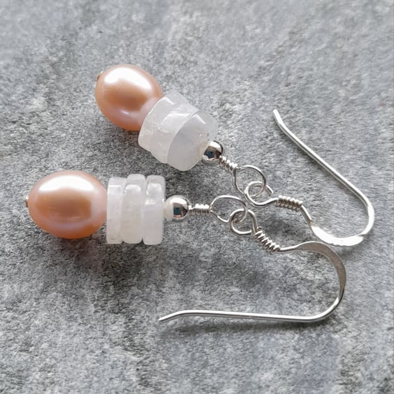 Sterling Silver Pearl and Moonstone Earrings Junes Birthstone