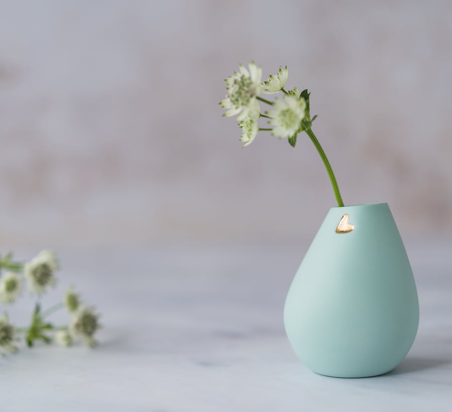 Small Pastel Mint Bud Vase with a Gold Embossed Heart