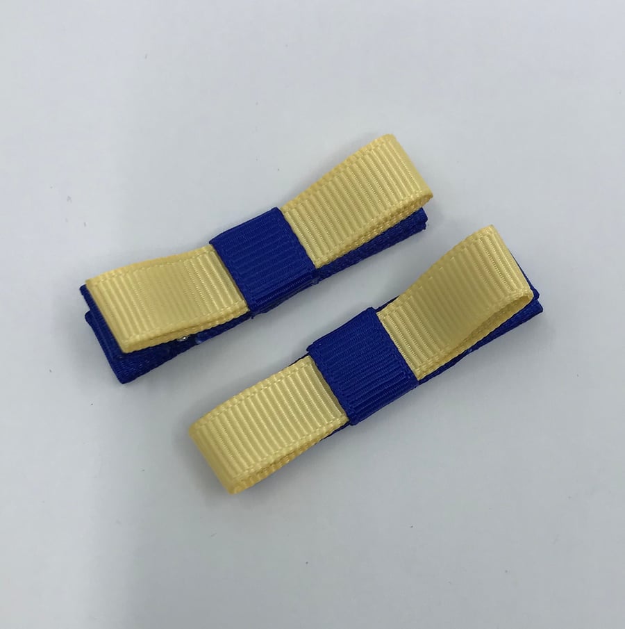 Small Straight Cobalt Blue and Pale Yellow Bow Clips (pair)