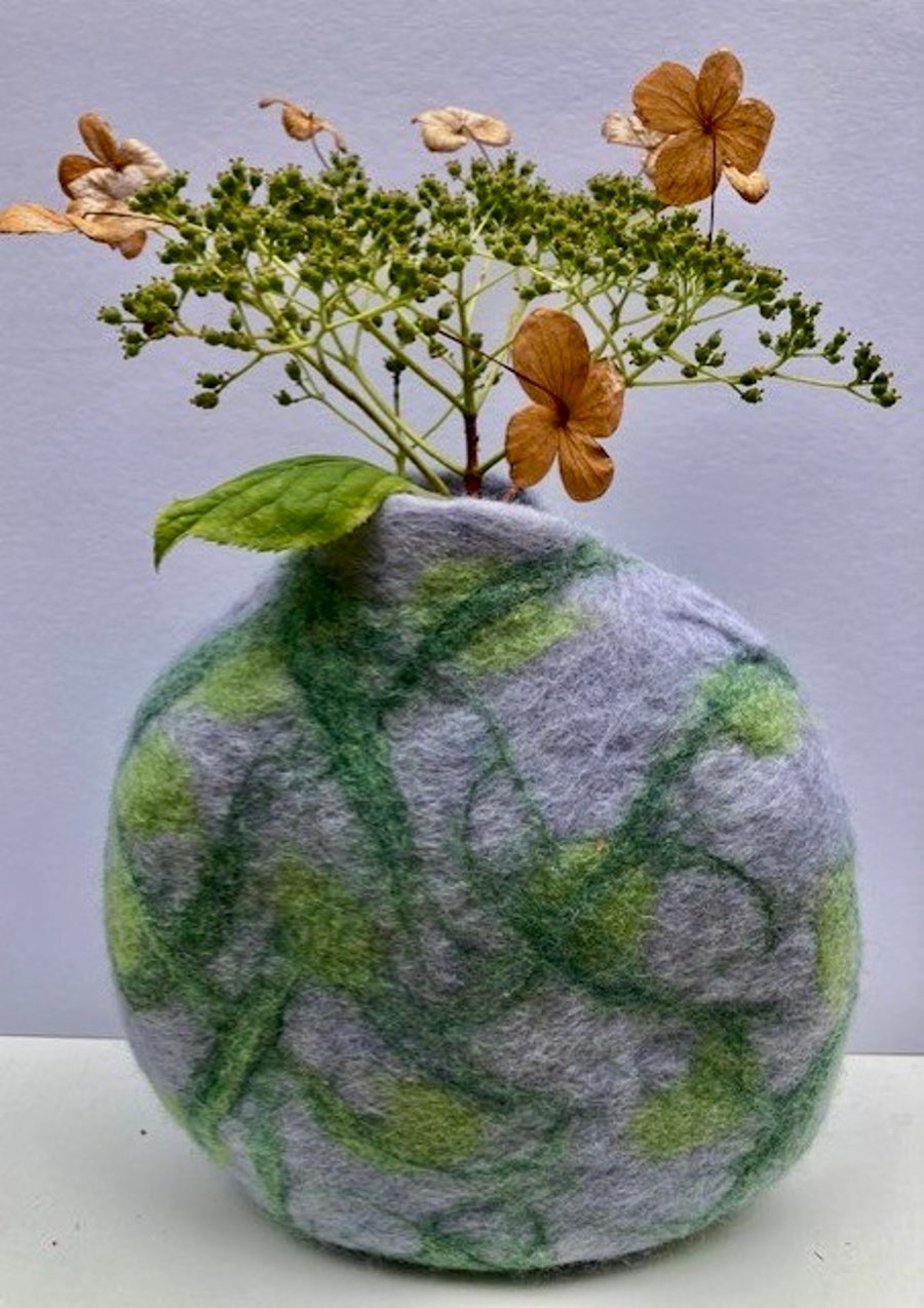 Felted "water lilies" wool decorative vase.