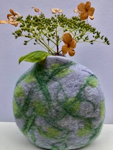 Felted "water lilies" wool decorative vase.