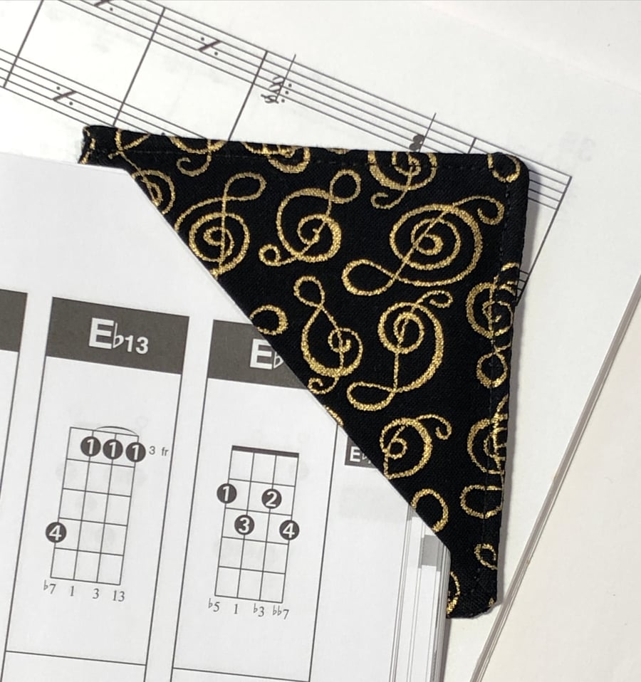 Corner Bookmark Treble Cleff Print Gold on Black Musician Book Lover Gift