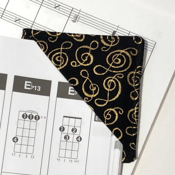 Corner Bookmark Treble Cleff Print Gold on Black Musician Book Lover Gift
