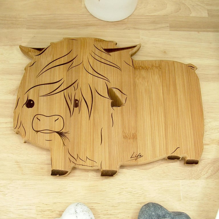 Highland Cow Chopping Board: Hagrid, Solid Bamboo Gift - UK Hand Made