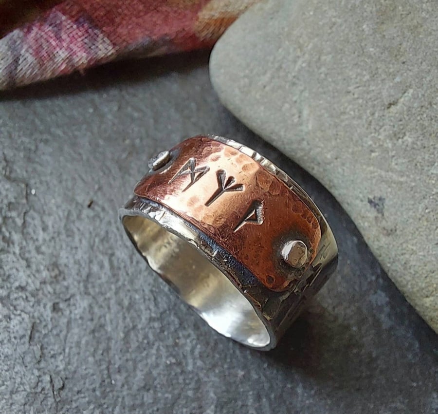 Silver and Copper hammered rune ring , rustic style rune ring with rivets