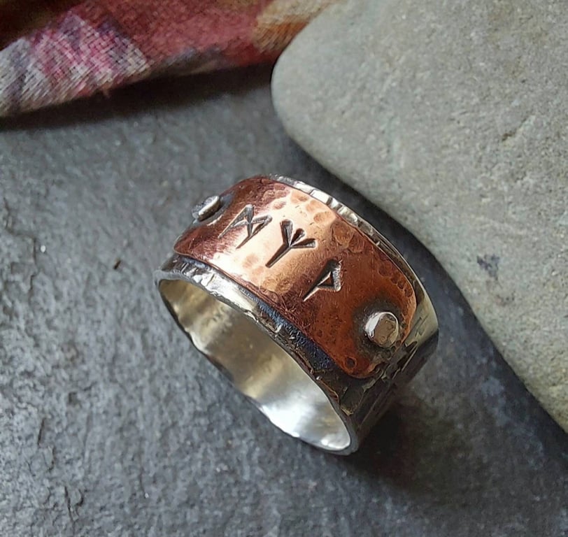 Silver and Copper hammered rune ring , rustic style rune ring with rivets