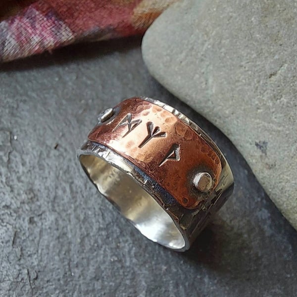 Silver and Copper hammered rune ring , rustic style rune ring with rivets