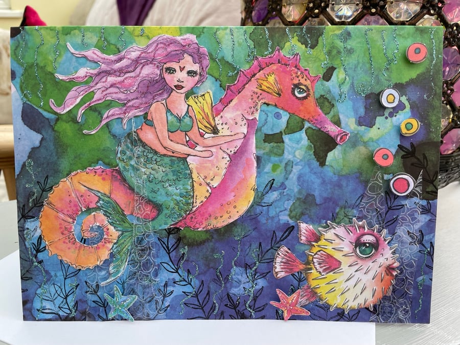 Quirky Mermaid riding a seahorse blank card for any occasion