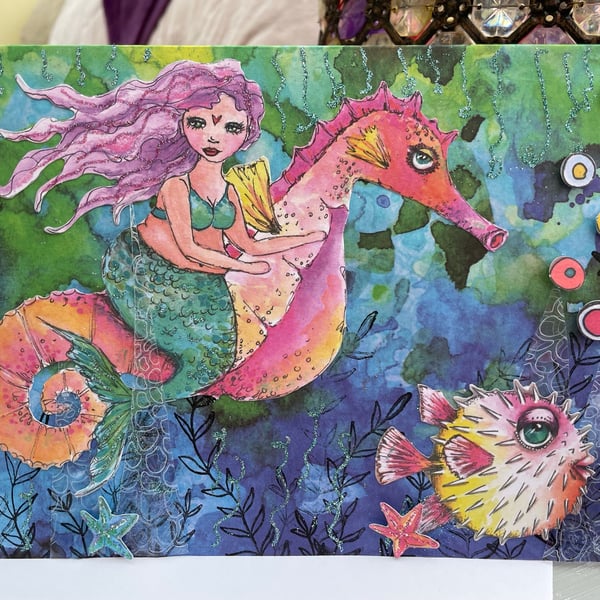 Quirky Mermaid riding a seahorse blank card for any occation