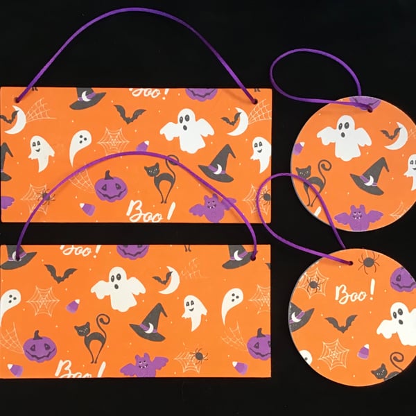 "Boo…spooky season" Halloween hanging wall plaque decorations.  Set of 4.