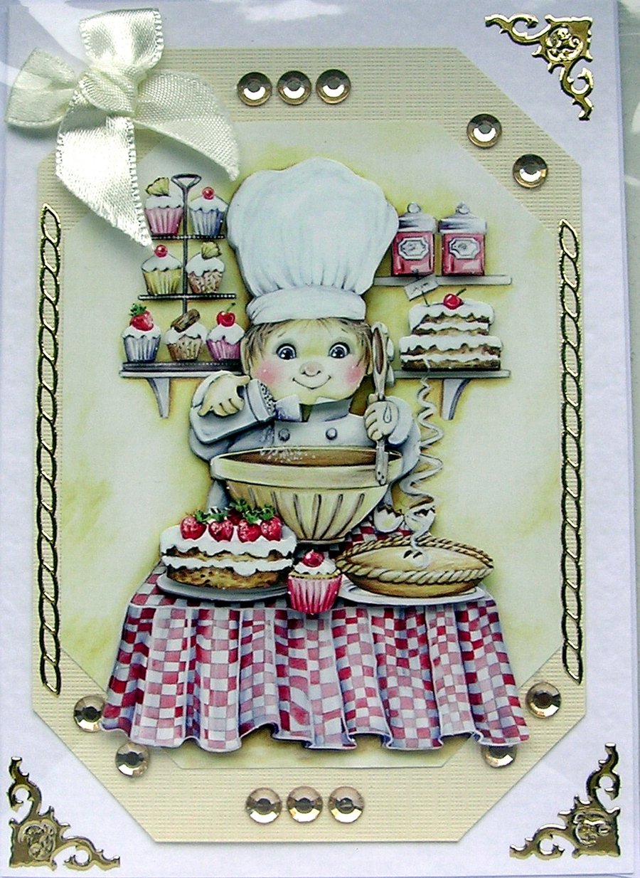 Bake a Cake - Hand Crafted Decoupage Card - Blank for any Occasion (2522)