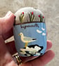 Lynmouth seagull egg cup pincushion - embroidered linen with a little bee - Image 4