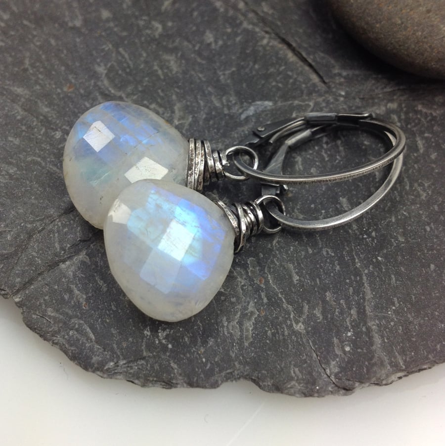 Moonstone and oxidised silver wrapped earrings