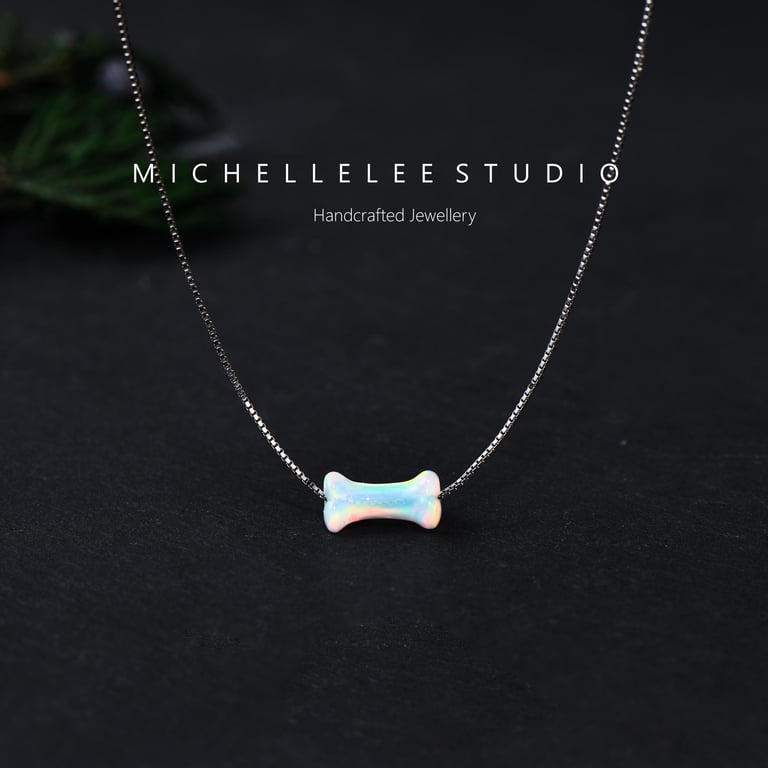 Chew Toy Dog Bone Opal Necklace with 925 Sterling Silver Chain