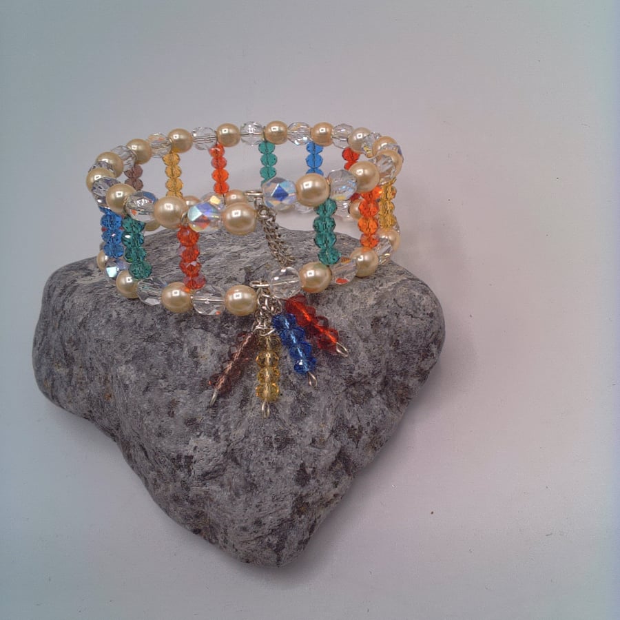 Crystal and Pearl Beaded Memory Wire Cuff With Safety Chain, Cuff Bracelet