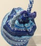 Handknit BLUES 3-5 TIE TOP BEANIE Stripey fairisle effect - Image 3