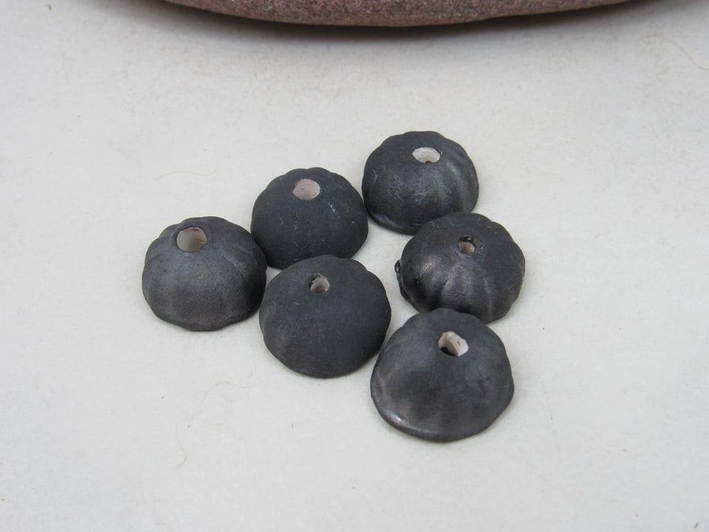 6 Small Matte Black Half-round Ceramic Flower Beads