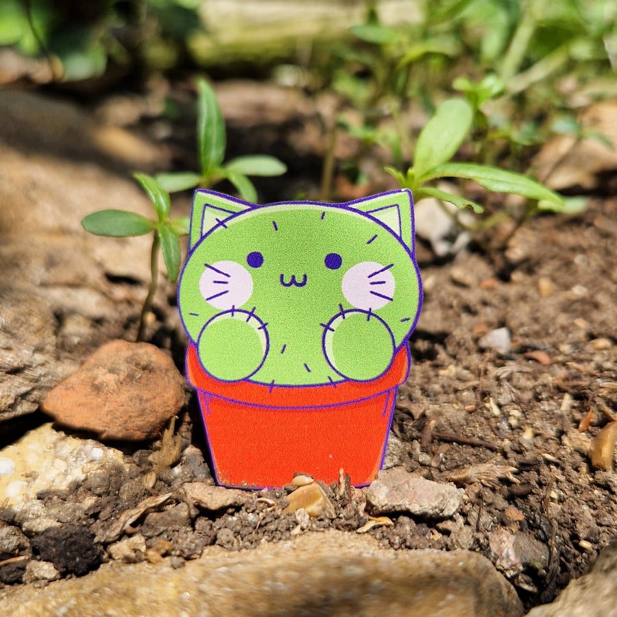 Cat Pin, Plant Pin, Cat Birthday Gift, Plant Cactus Gift, Cat Christmas Gift