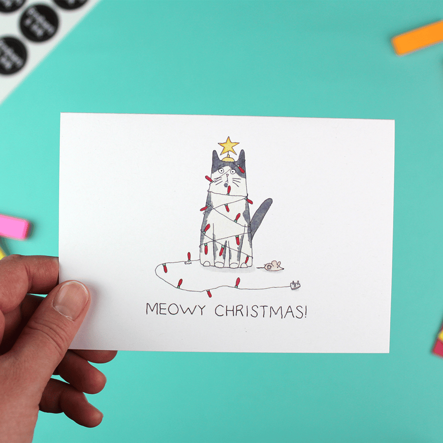 Meowy Christmas Card - 'Tangled Up' single with envelope