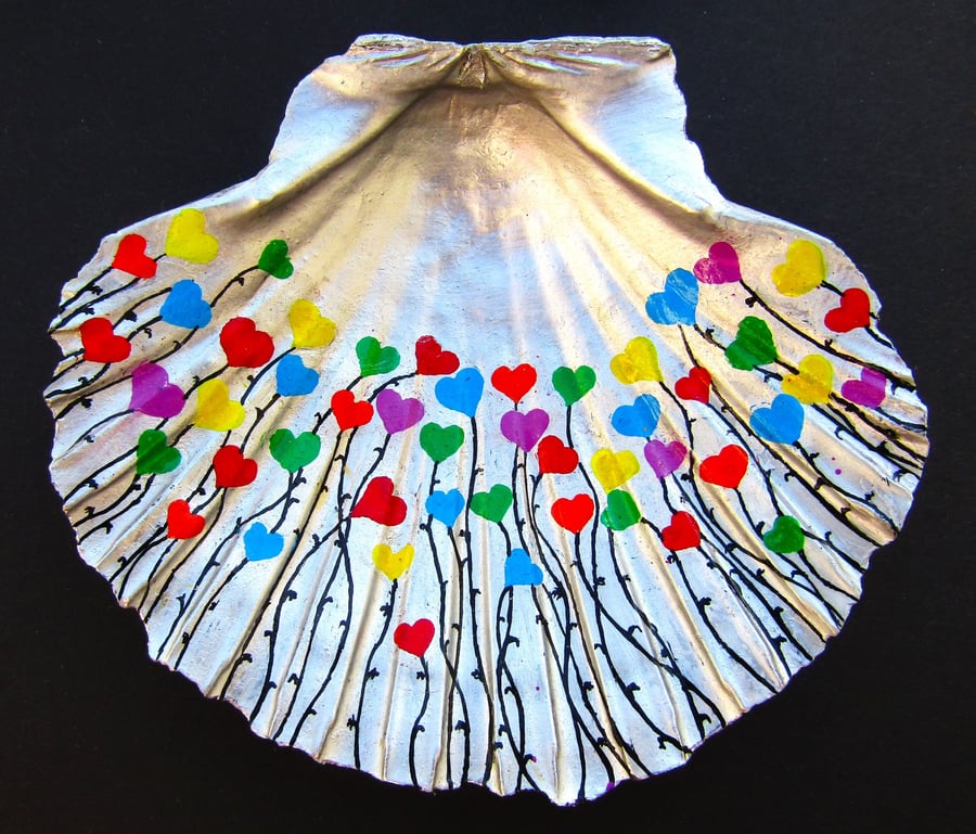 Heart Flowers Painted on Shell, LGBTQ Art Gift, Birthday, Anniversary, 50 Hearts