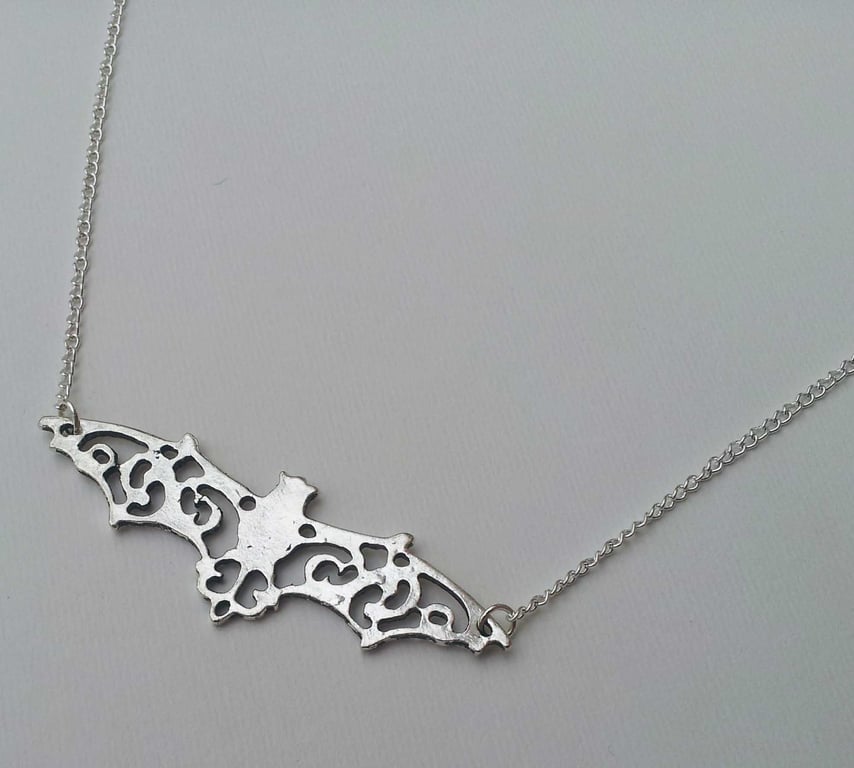 Flying Bat Filigree SIlver Plate Gothic Necklace