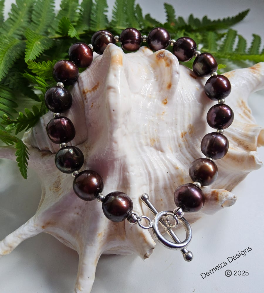 Chocolate Brown Hand Made Freshwater Pearl Sterling Silver Bracelet