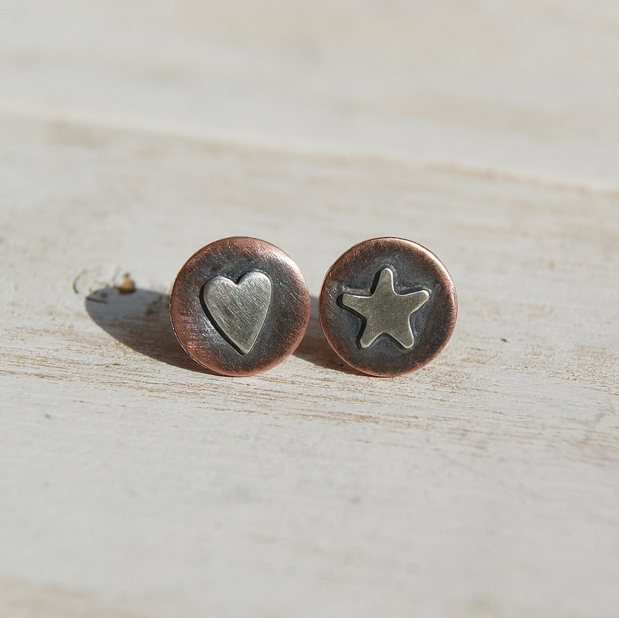 Copper and Silver Stud Earrings, Oxidised Heart and Star Studs