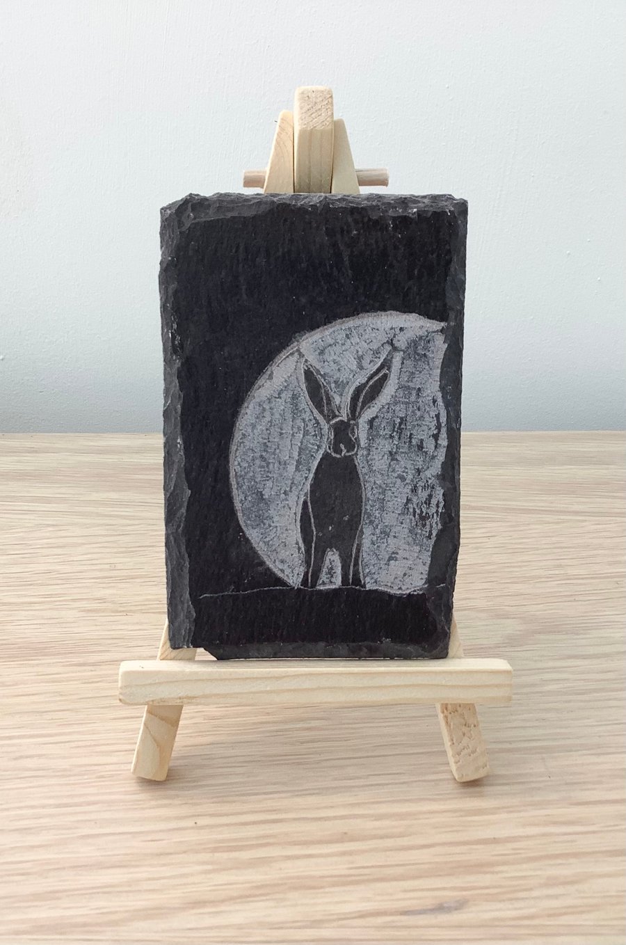 A cute hare in front of the moon - original art hand carved on recycled slate