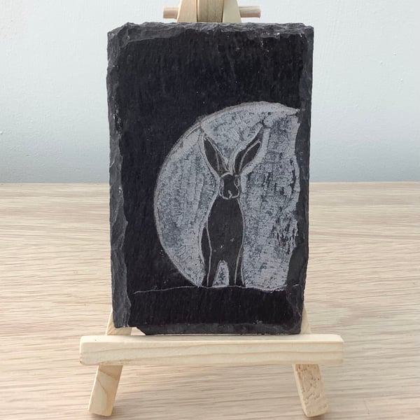 A cute hare in front of the moon - original art hand carved on recycled slate