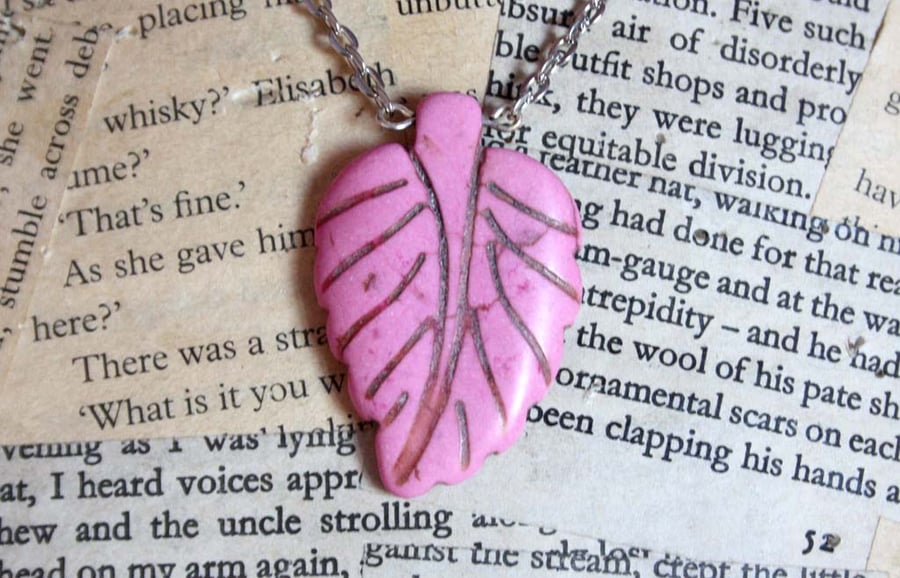 Pink Howlite Carved Leaf Silver Necklace