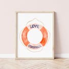 Love Cornwall Lifebuoy Ring A4 Art Print