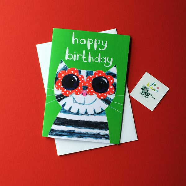 Happy Birthday Sunglasses Cat card - Green- by Jo Brown