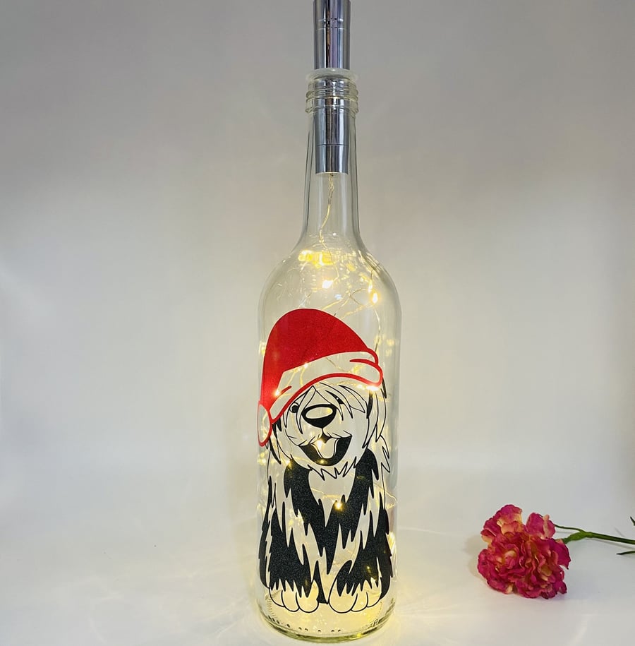 Old English Sheepdog Santa Wine Bottle light, OES Christmas Decor