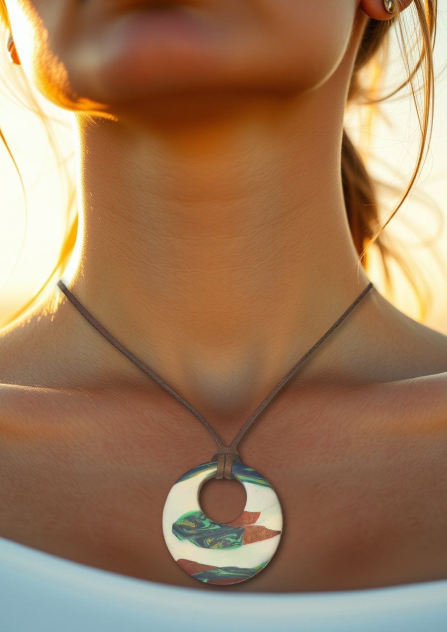 Bronze, Green And White Polymer Clay Pendant 