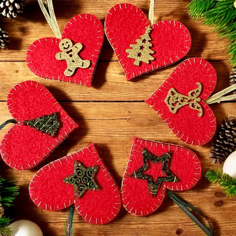 Christmas baubles sets, glittery felt hearts, gingerbread; angel, star, trees