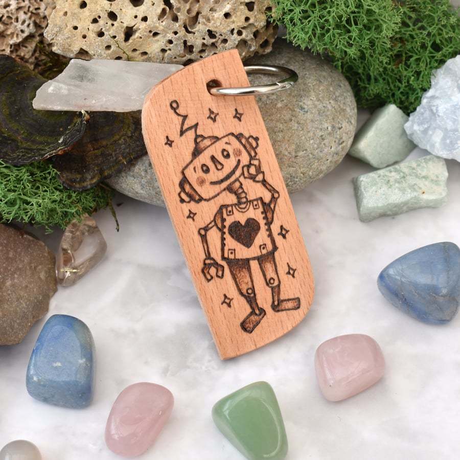 Robot with a heart. Pyrography key ring.