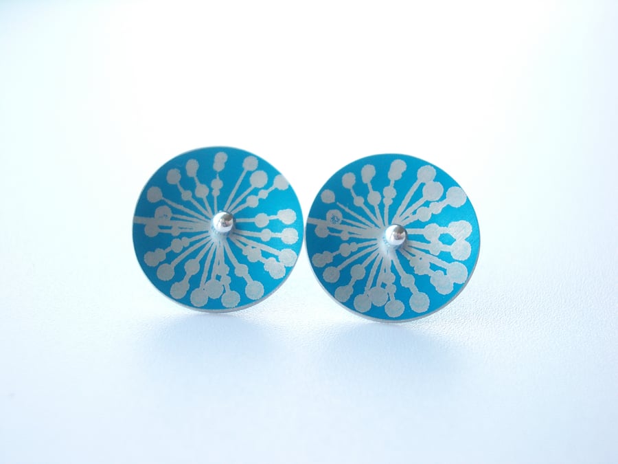 Turquoise and silver circle studs with allium print