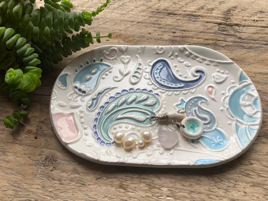 Handmade Ceramic Paisley Soap dish, trinket dish