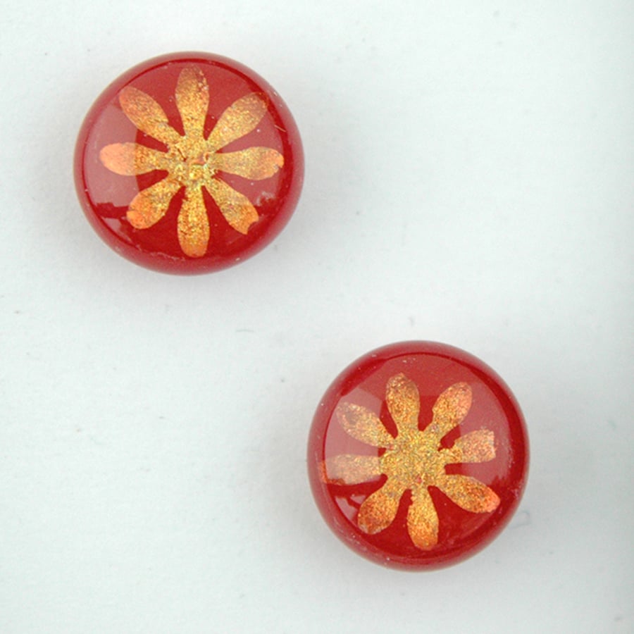 Fused Dichroic Flower Red Stud Earrings