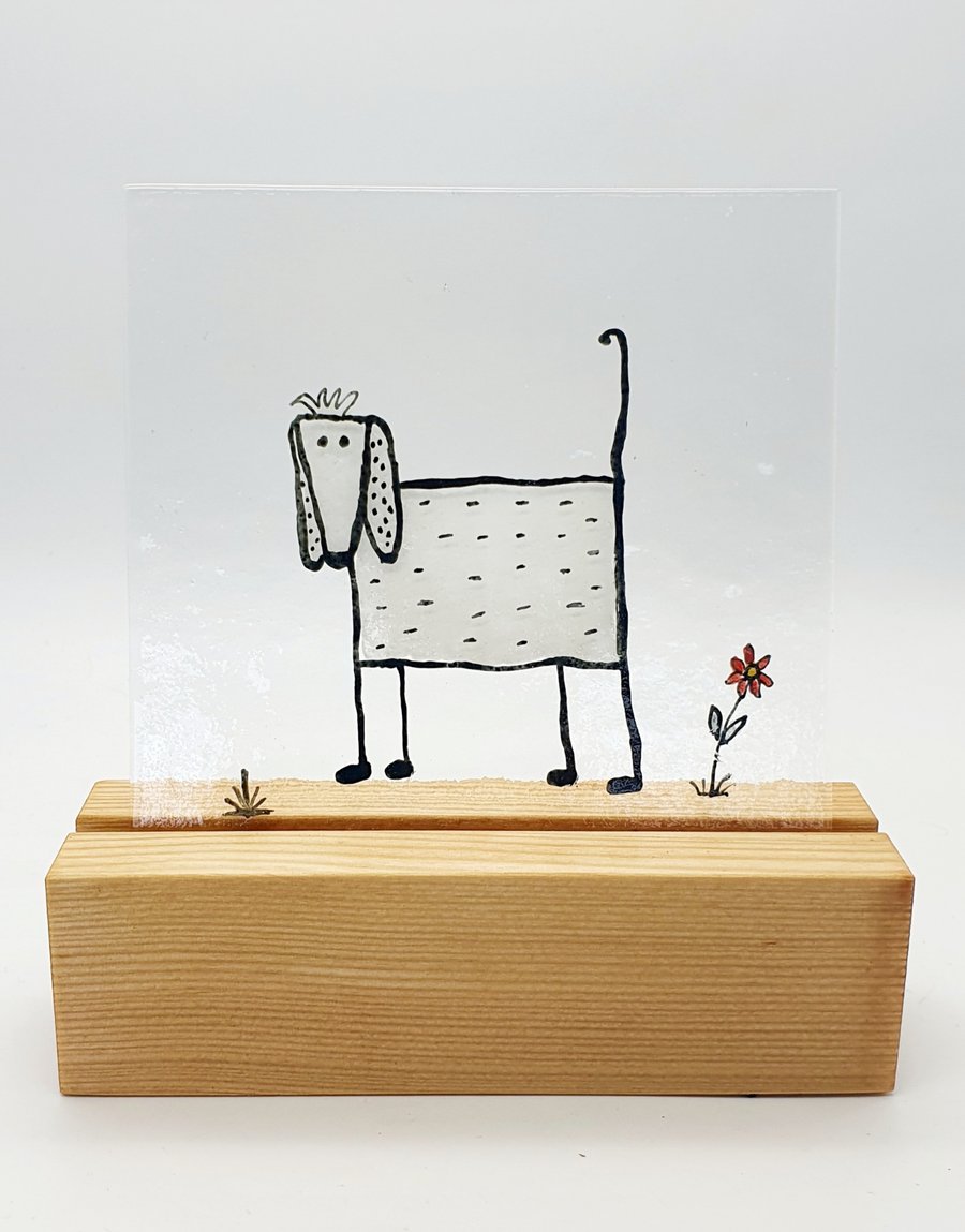 Fused Glass Dog with a Wooden Stand